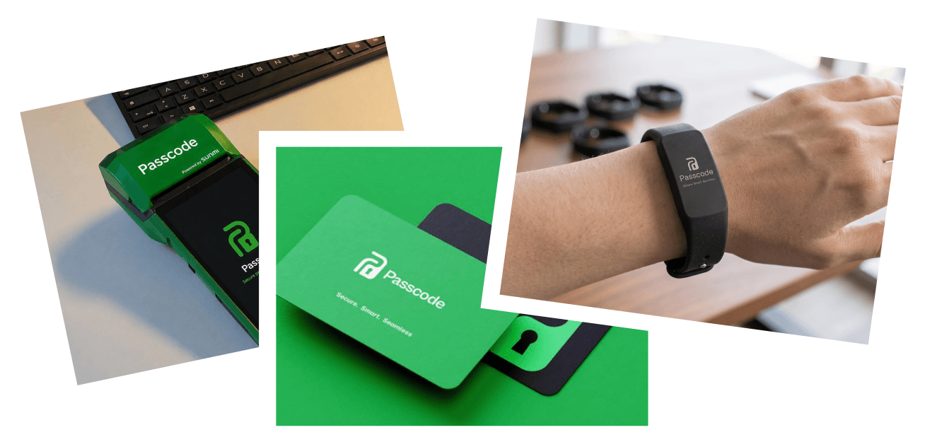 Passcode payment terminal, access cards and wristband