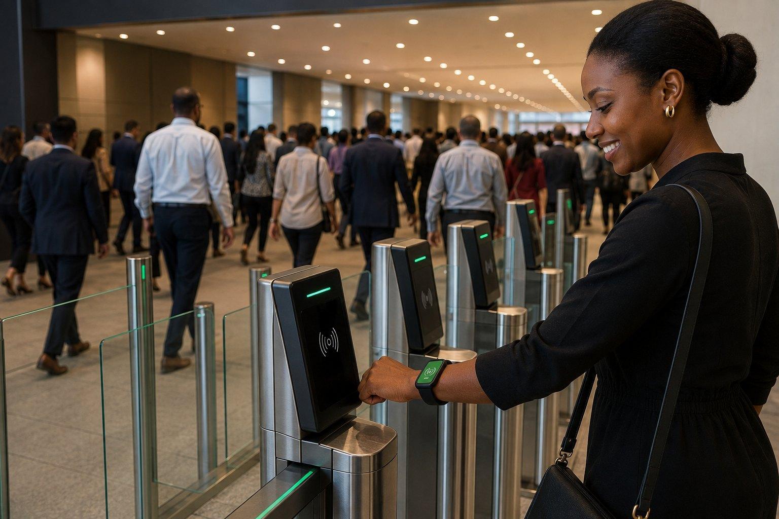 Delegates streaming through the doors at a conference