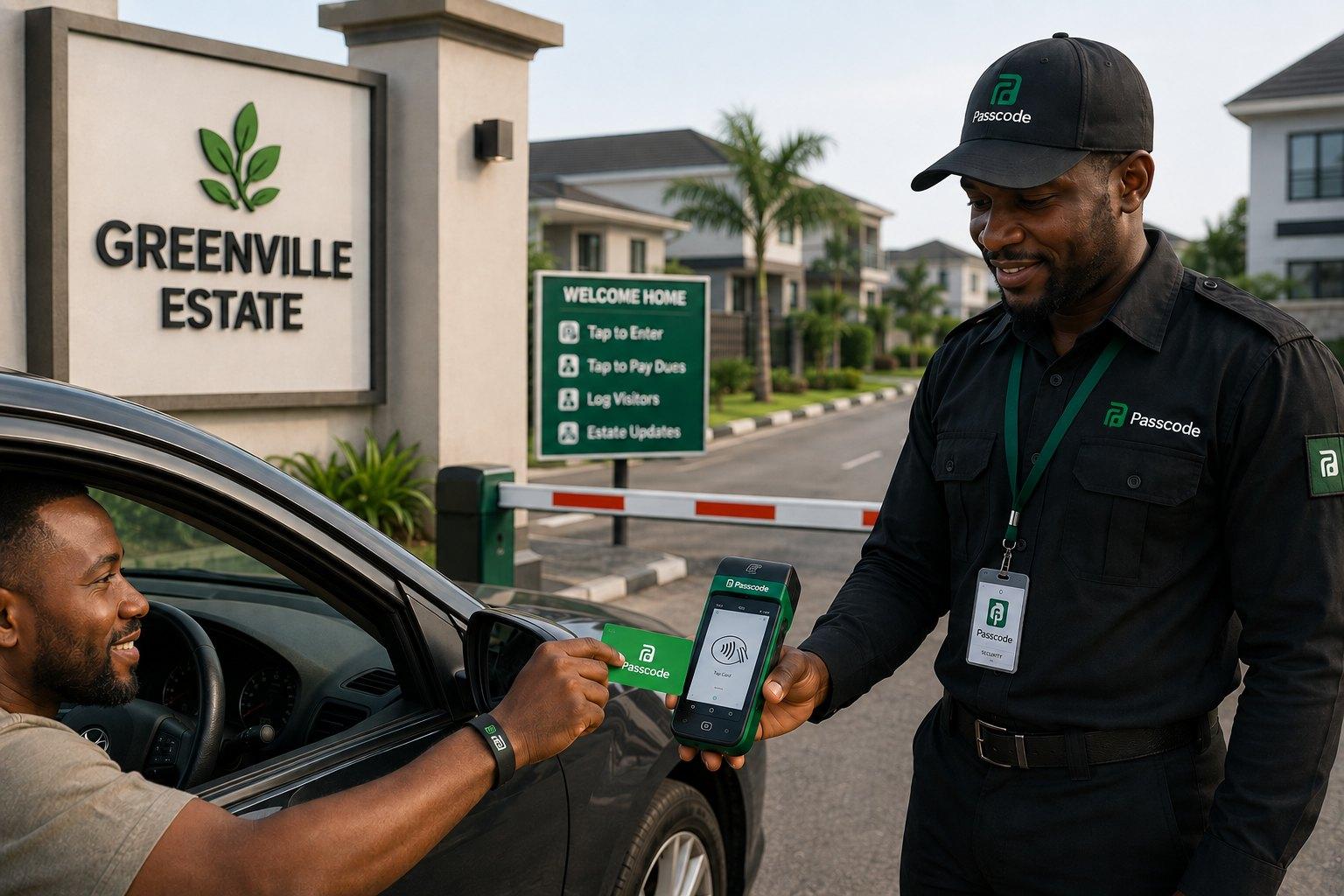 A security officer admitting a resident at the boom