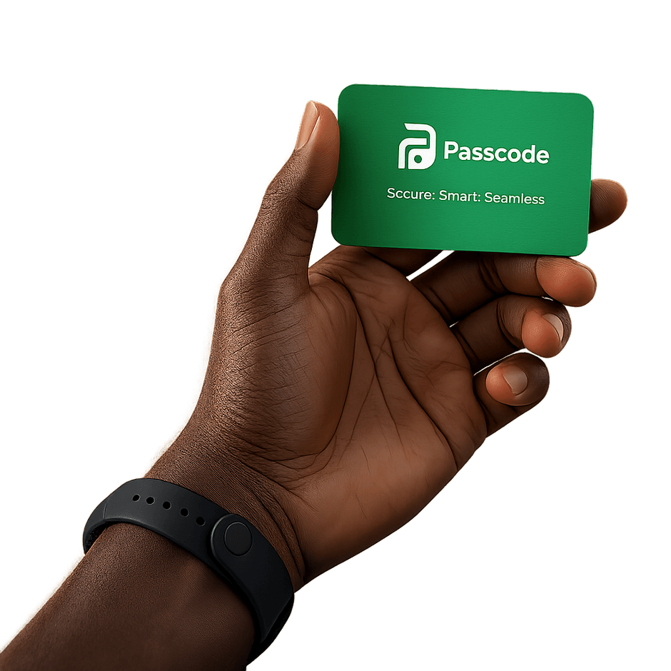 A hand holding a green Passcode access card
