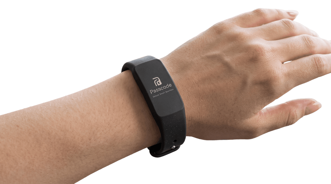 A Passcode NFC wristband worn on a wrist